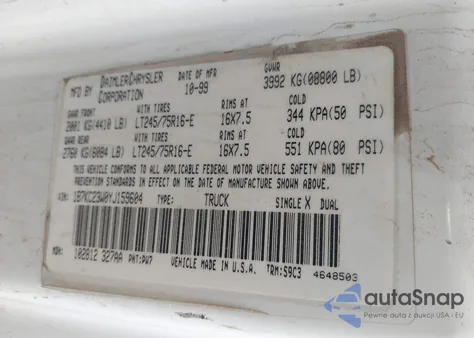 2000 Dodge Ram 2500 z USA, uszkodzony, nr VIN 1B7KC23WOYJ159604